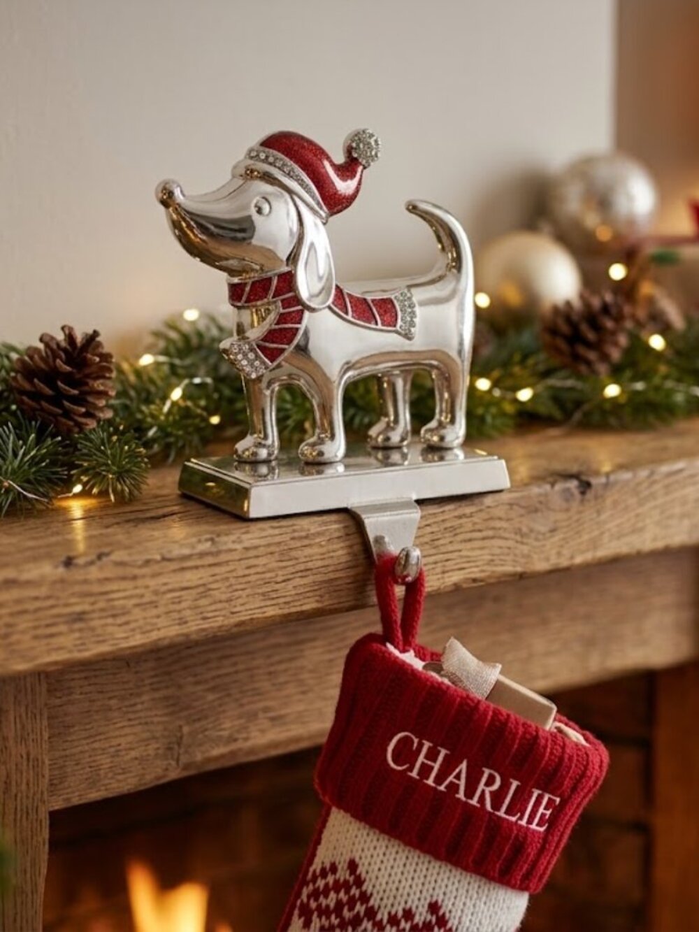 Glitzhome Silver Dachshund Dog Stocking Holder Santa Hat Rhinestone Scarf Mantel